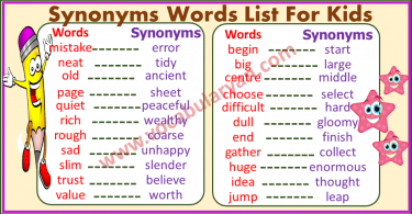 Basic Synonyms Words List for Grade 1