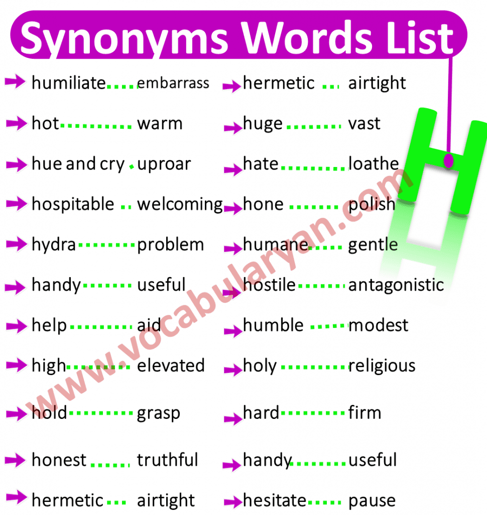 Synonyms Word List H