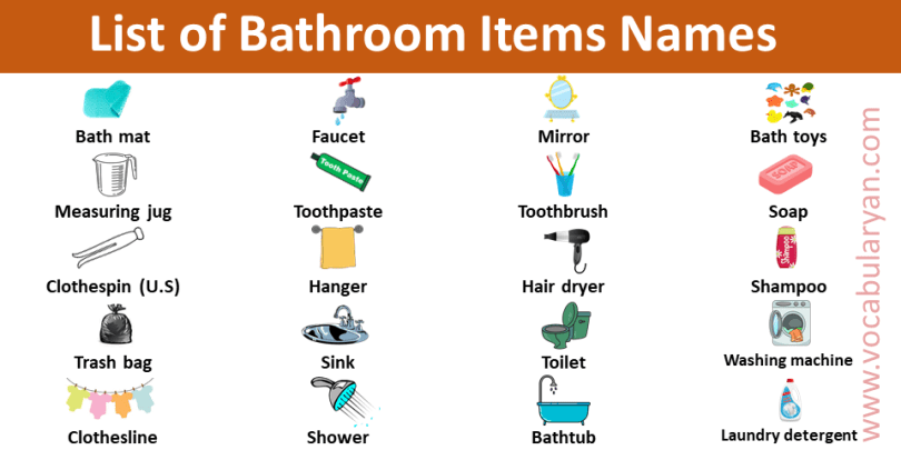 List of Bathroom Items Names Starting with A to Z