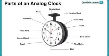 Parts of an analog clock with names and pictures