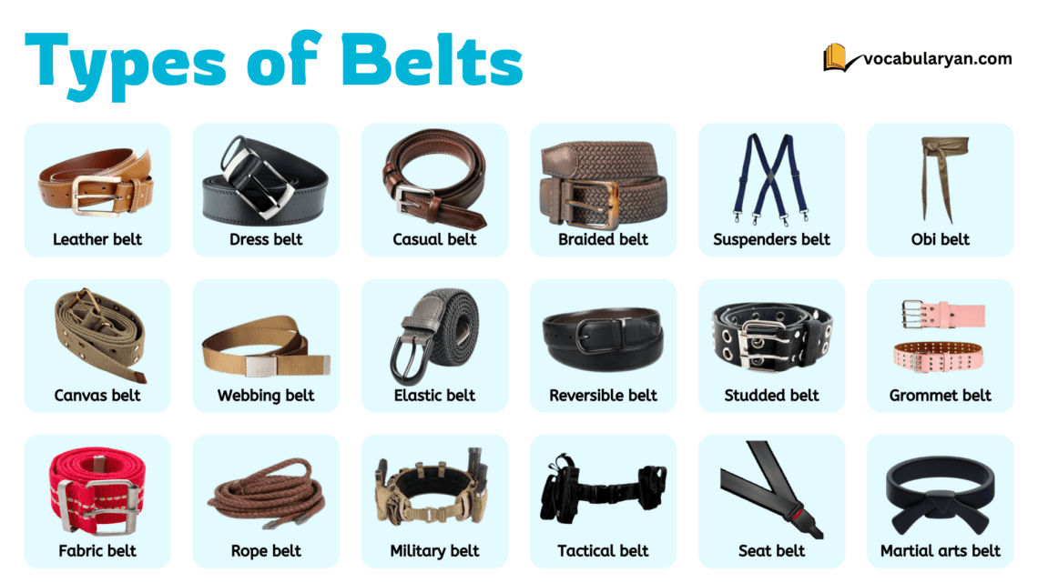 Different types of belts with names in English
