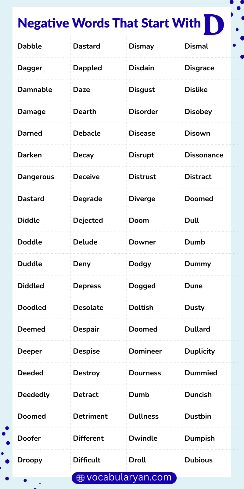 Negative words that start with D in English vocabulary
