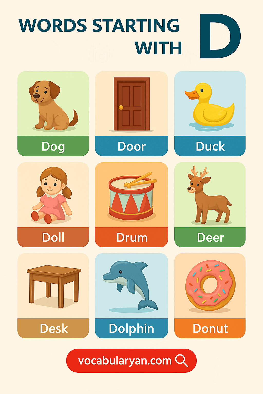 D words list with nouns and verbs in English