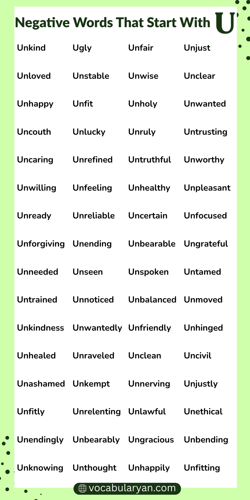 Negative words that start with U in English vocabulary list”