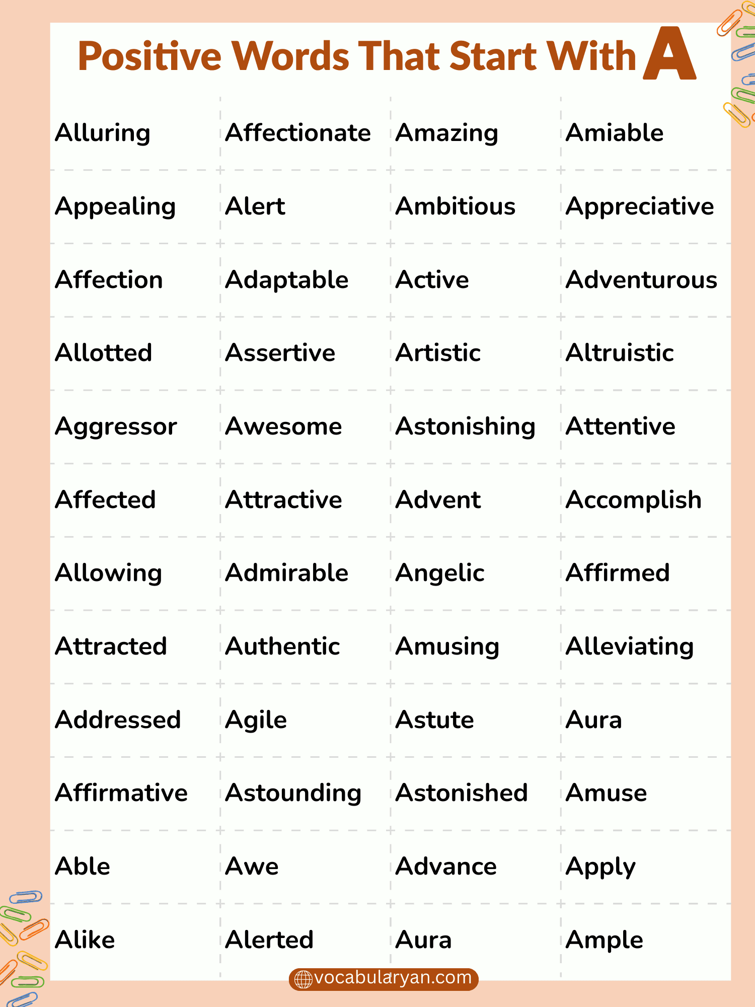 Positive Words With A including actions, emotions, and personality traits for learners