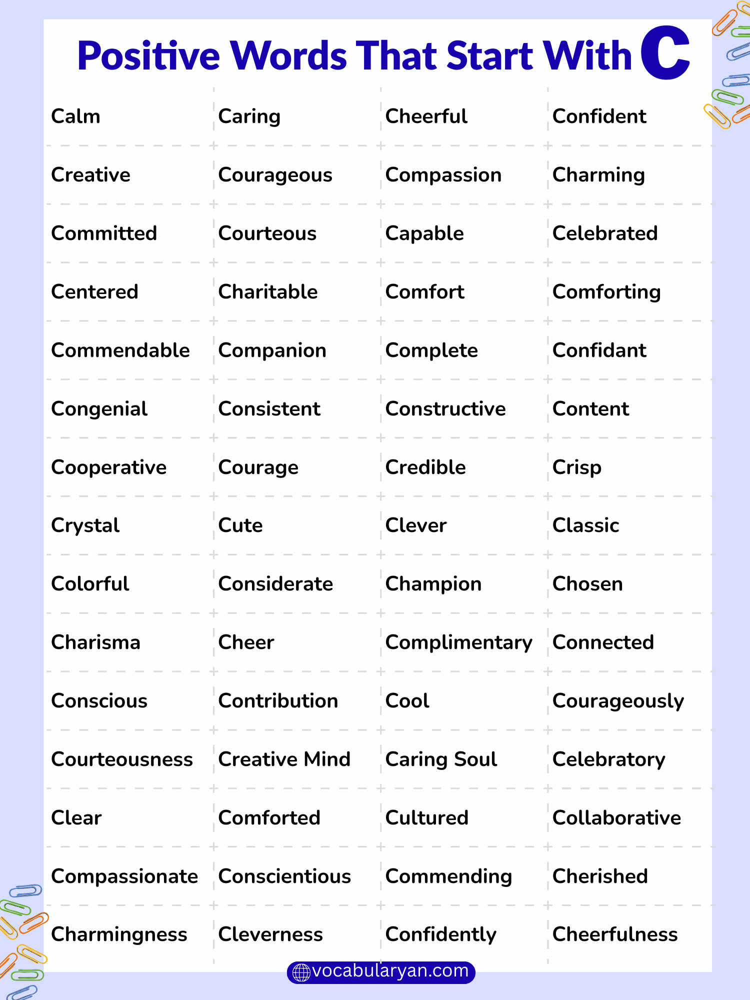 Positive words that start with C list with meanings and examples in English