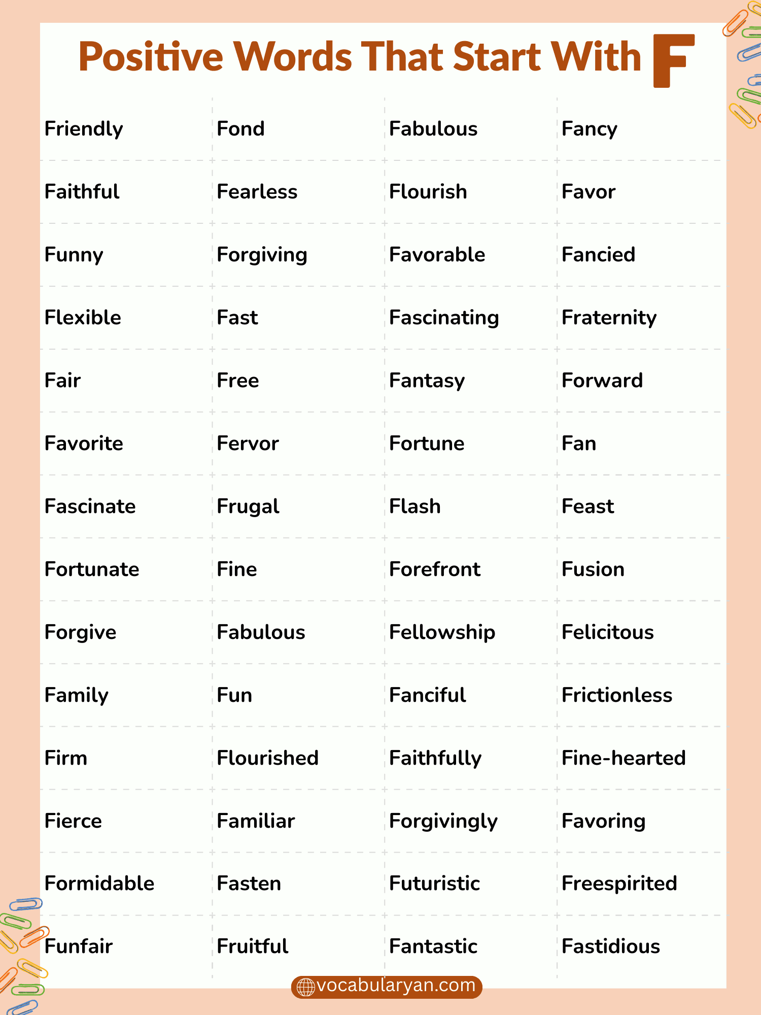 Positive words starting with F including feelings, actions, and traits for learners in English