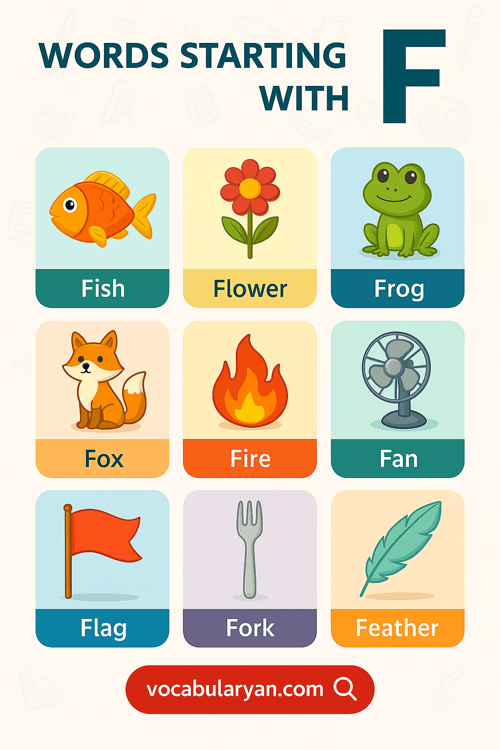 List of f words including fish, fire, and fan in English vocabulary.