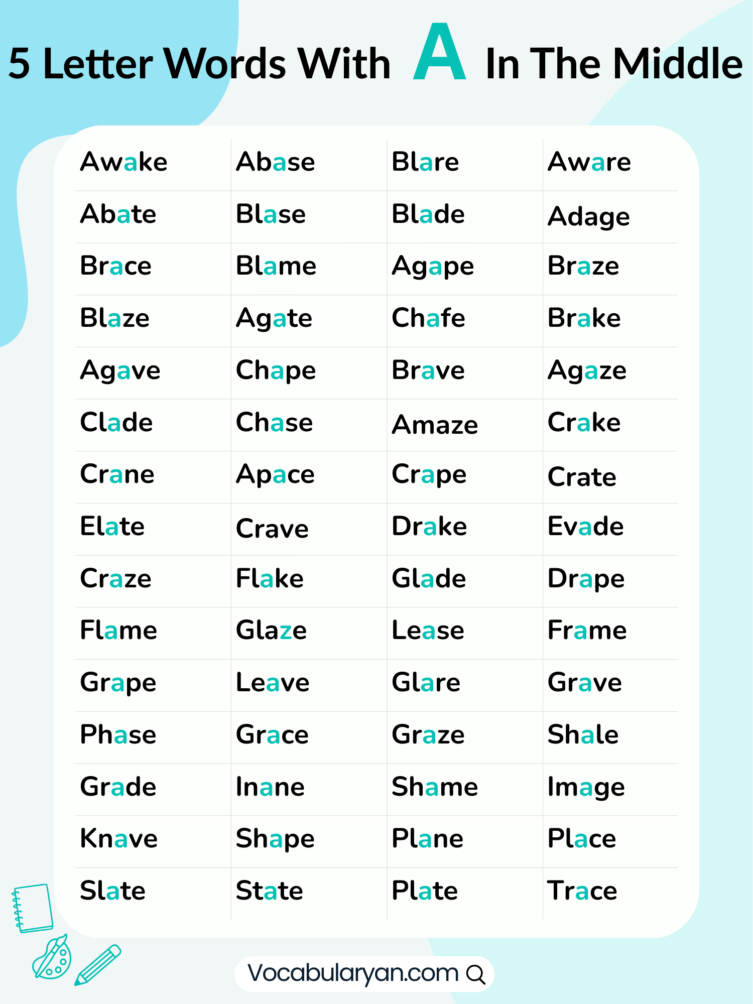 5 letter words with A in the center list, common spelling words like table and human