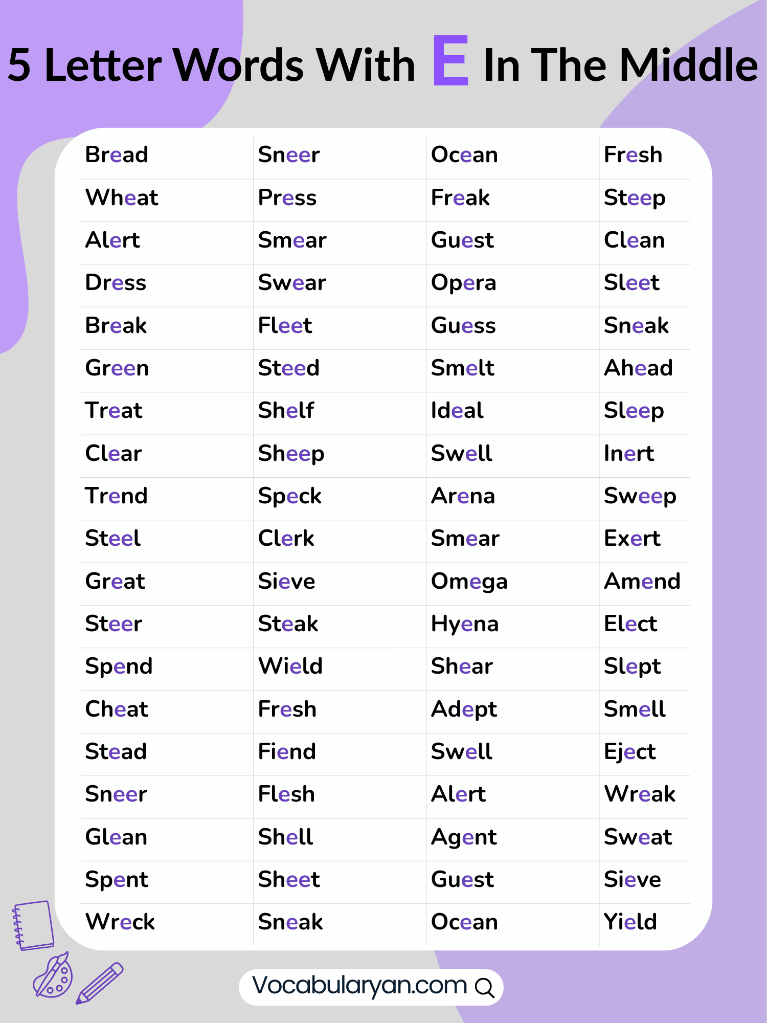 5 letter words with E in the center including level, metal, and rebel presented as a list