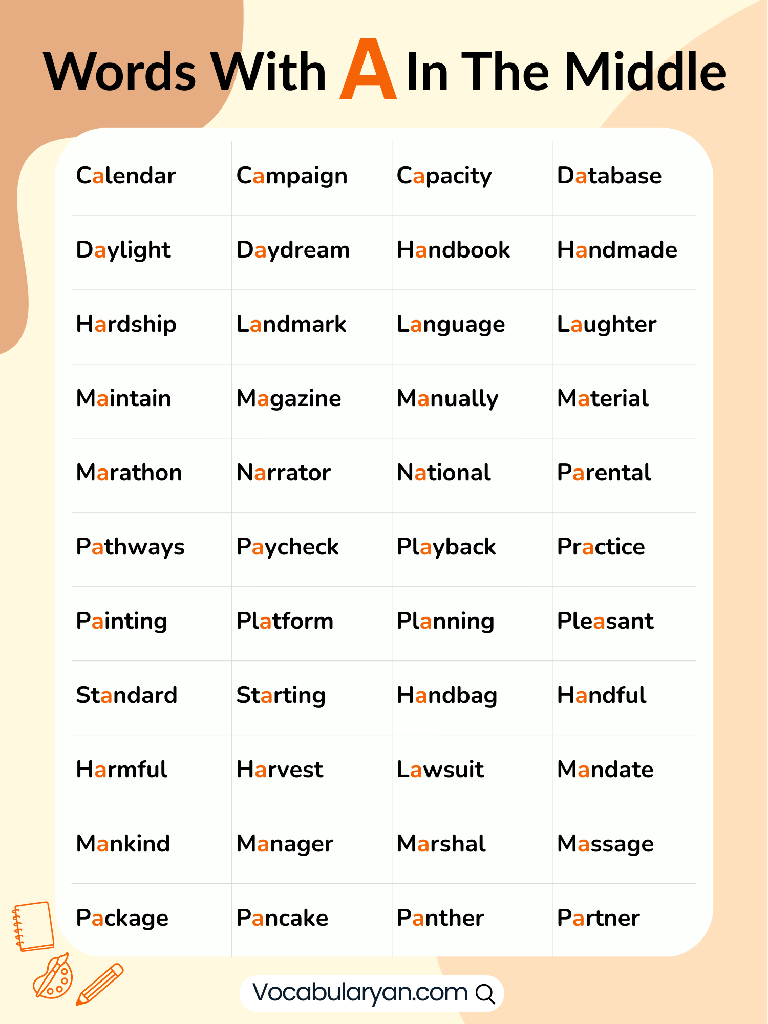 Complete list of English words with A in the middle, including short, long, and commonly used vocabulary.