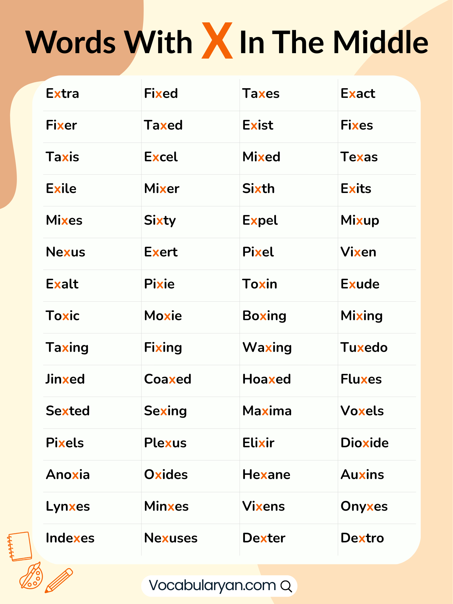 Words with X in the middle including extra, reflex, and context, presented as a clear list.