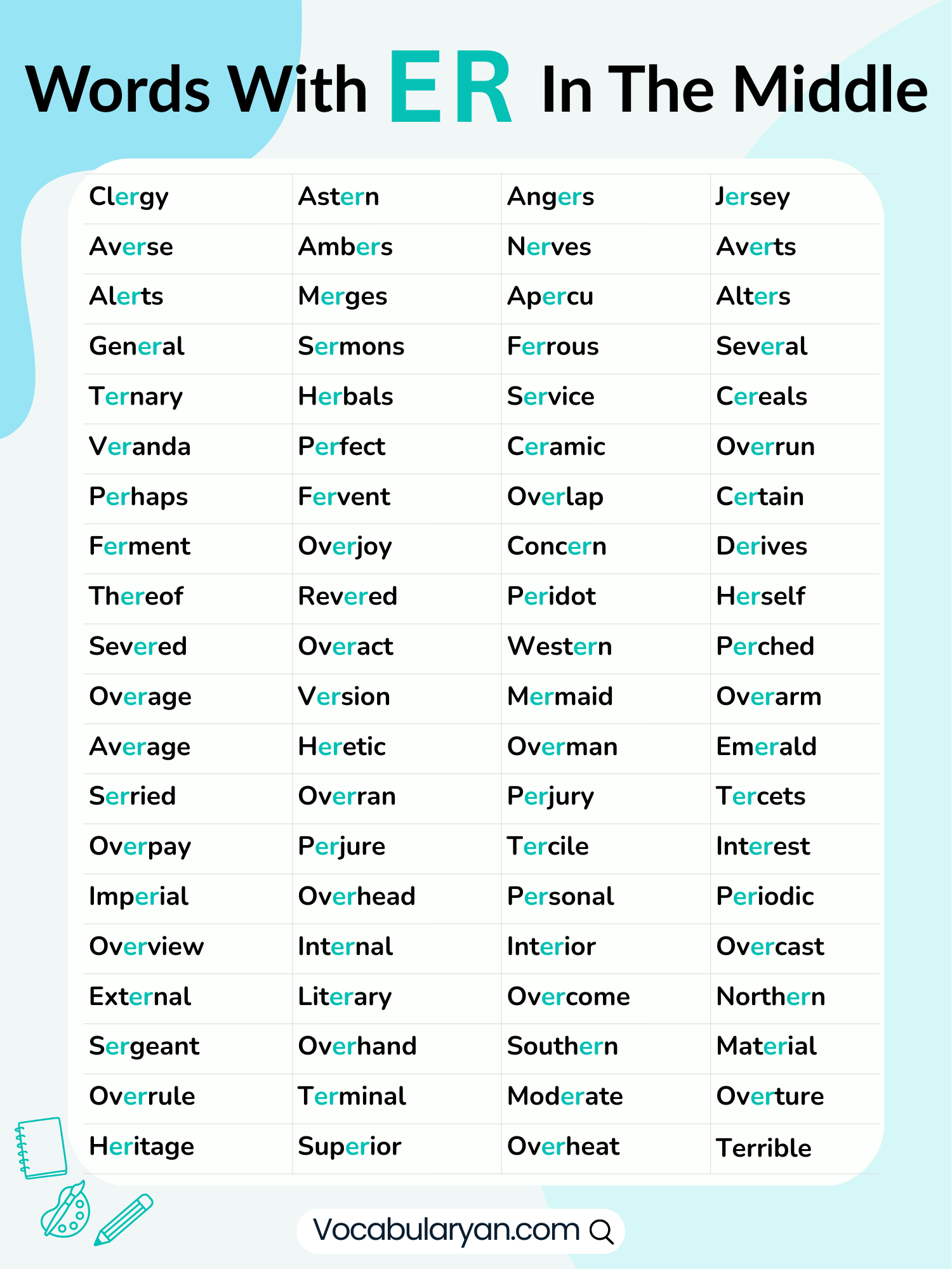 Words with ER in the middle including garden, paper, and winter, presented as a list.