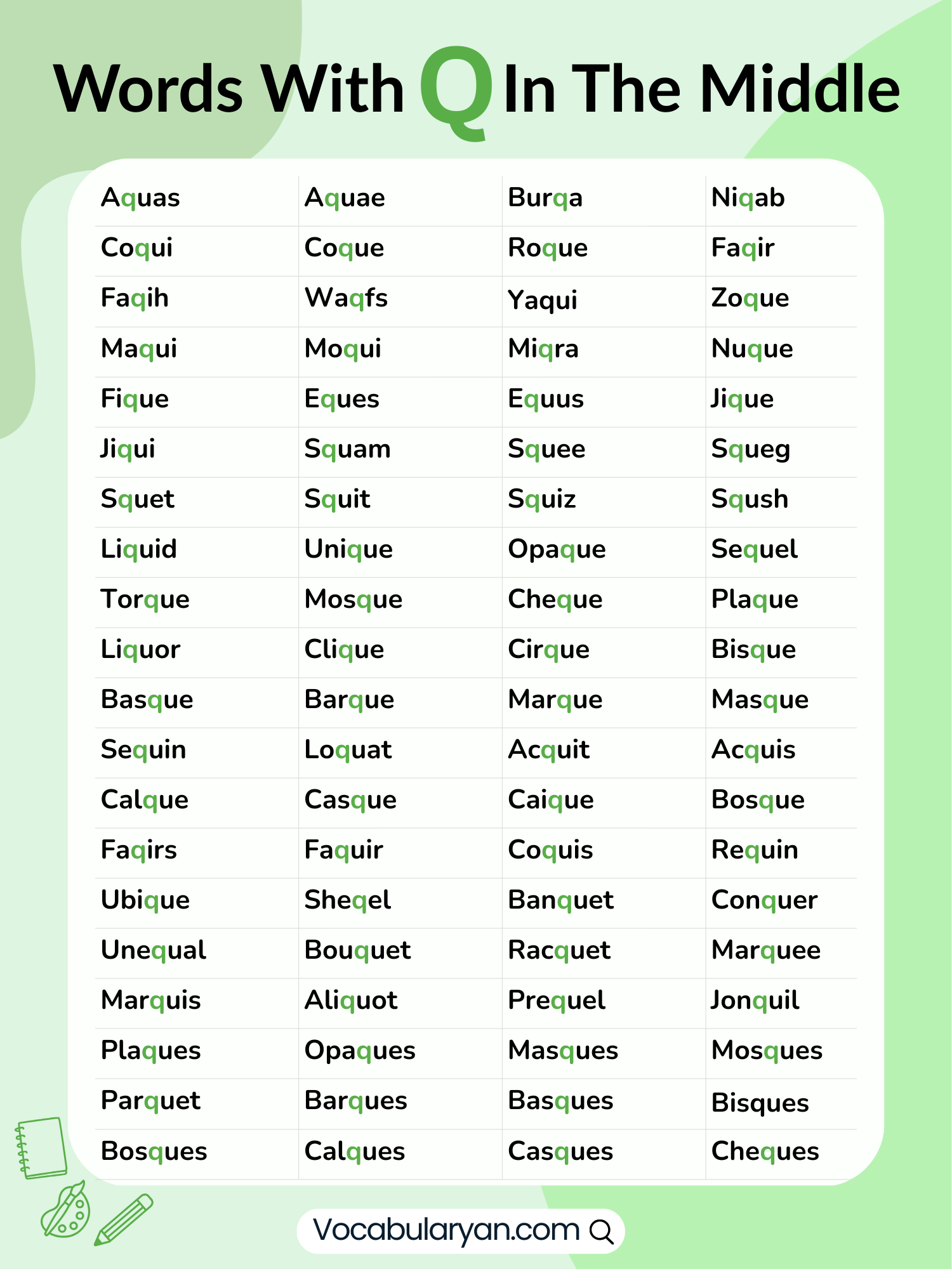 Words with Q in the middle including equal and acquire, presented as a list.