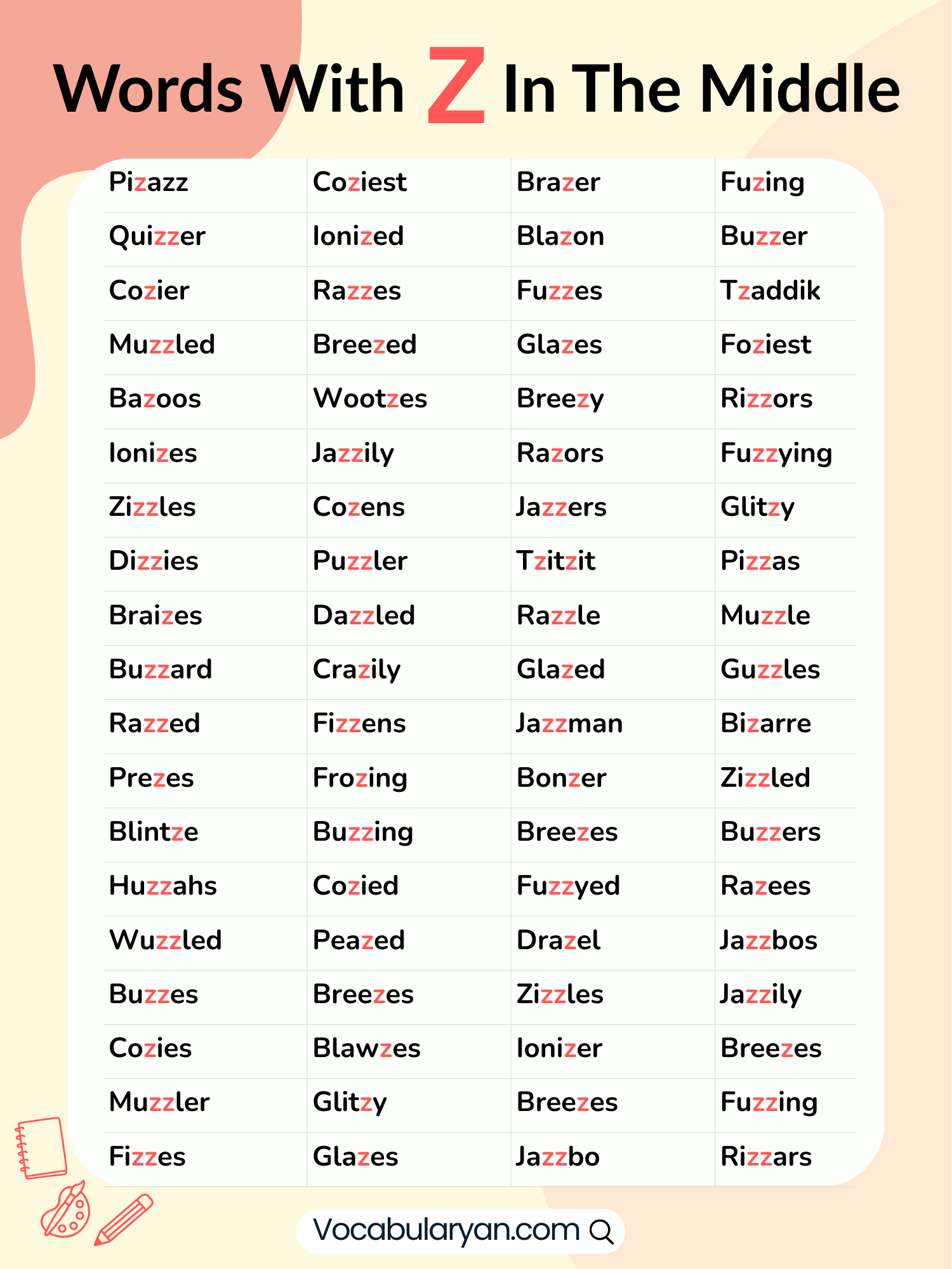 Words with Z in the center including puzzle and amazing, presented as a list.
