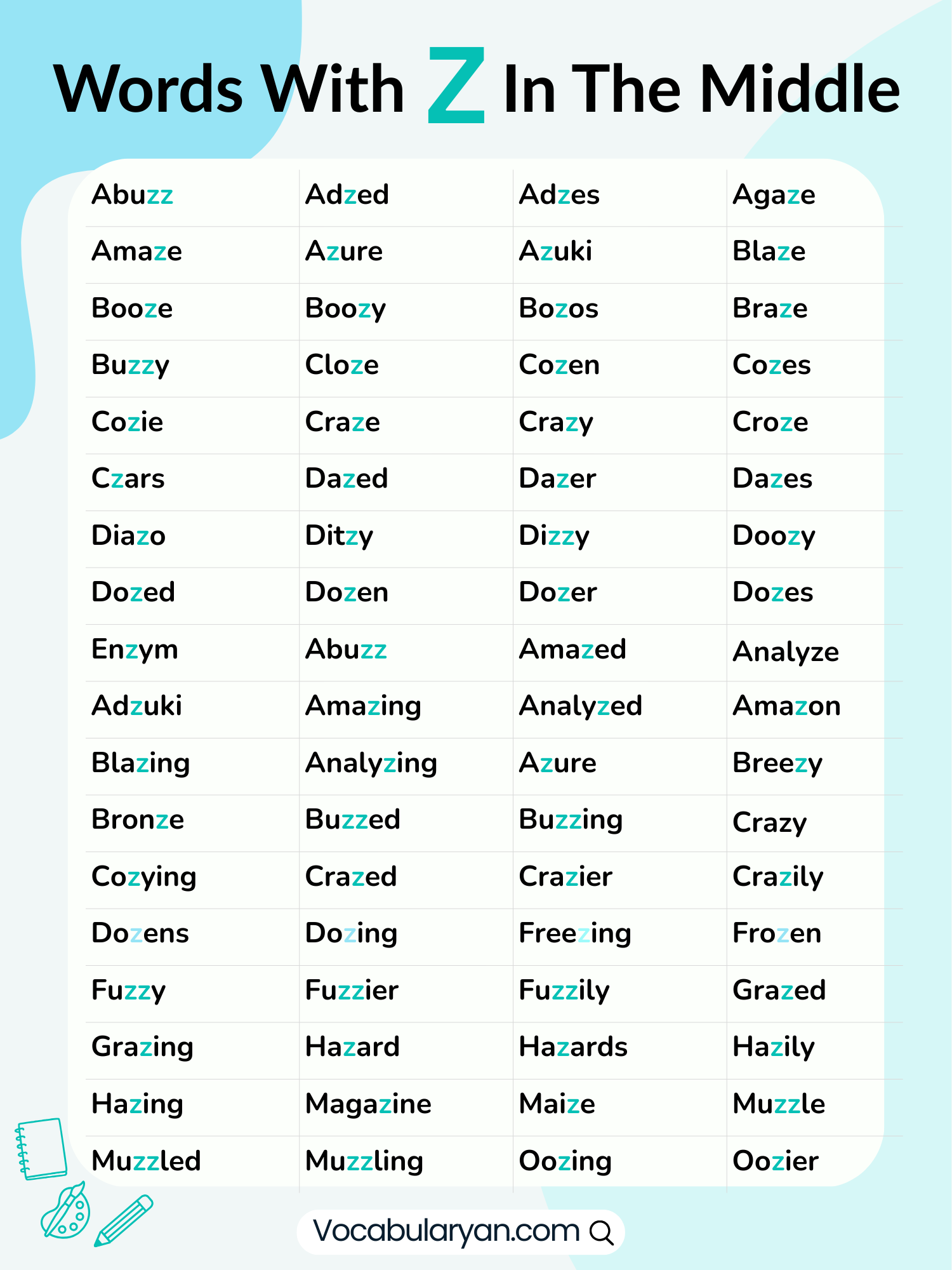 Words with Z in the middle used in sentences, examples included for easier learning.