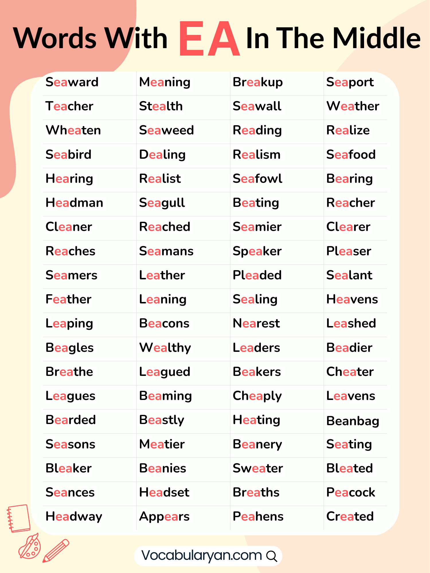 Words with ea in the center including teach, reach, and bread, presented as a list.