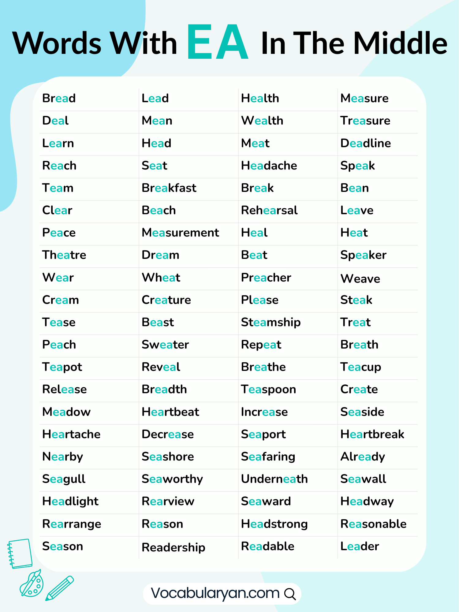 Words with ea in the middle including teach, reach, and bread, presented as a list.
