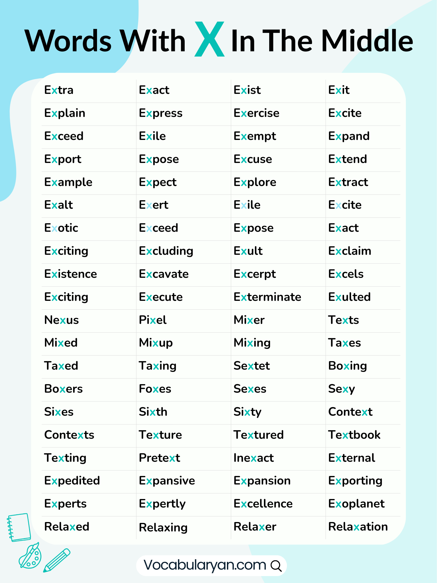 Words with X in the middle including extra and context, presented as a list.