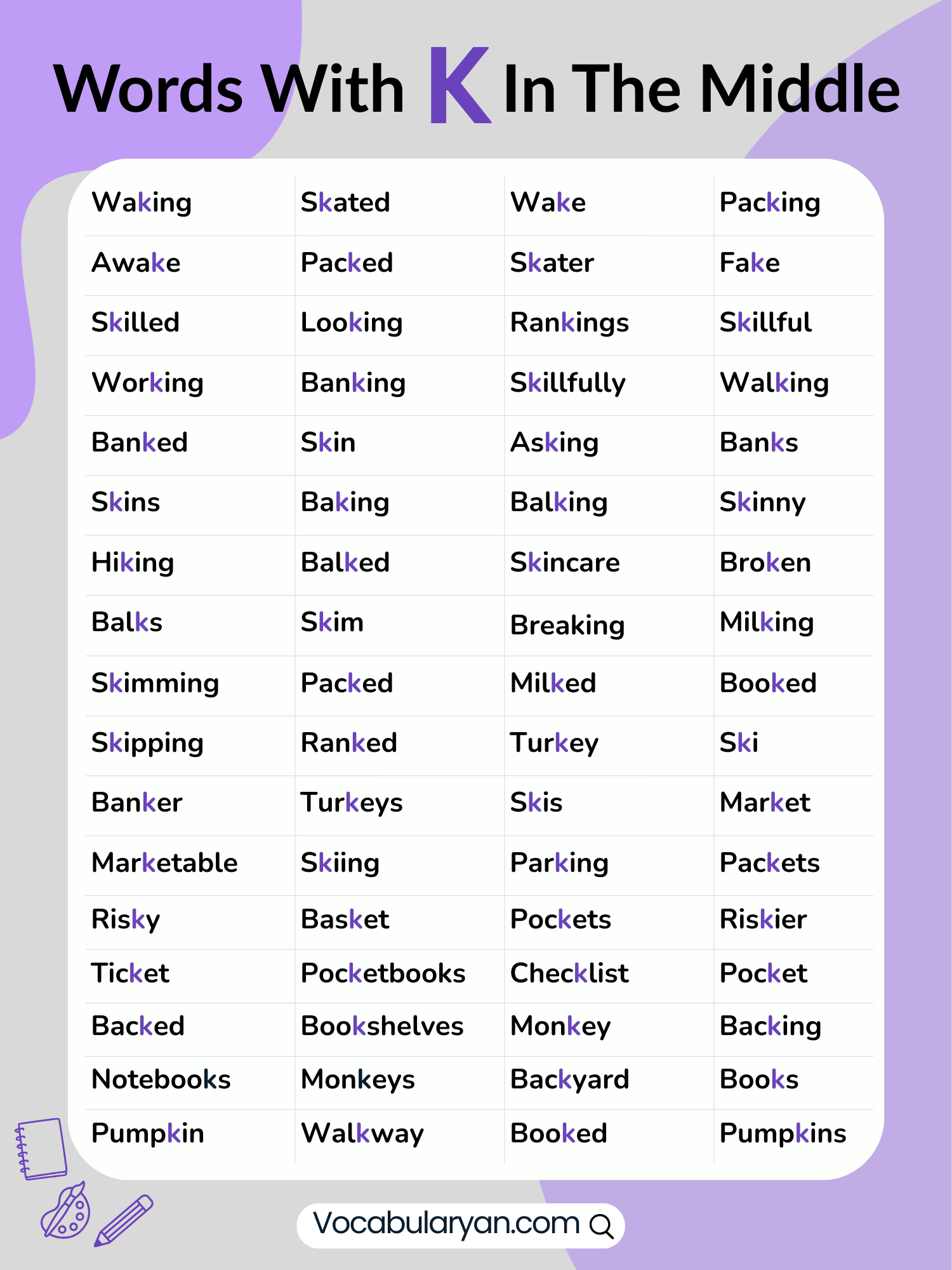 Words with K in the center including rocket and bakery listed naturally.