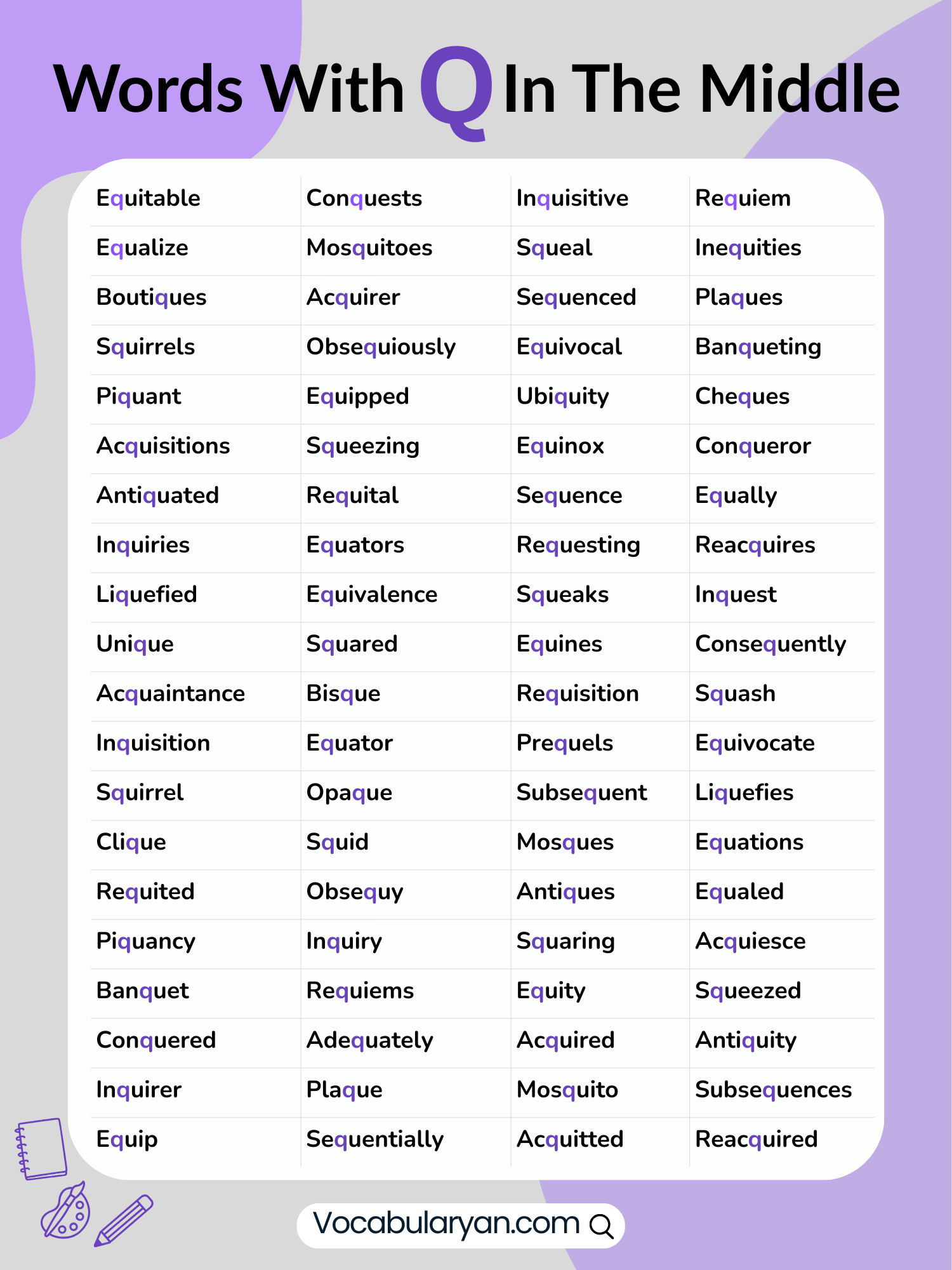 Words with Q in the center including liquid and acquire, presented as a list.