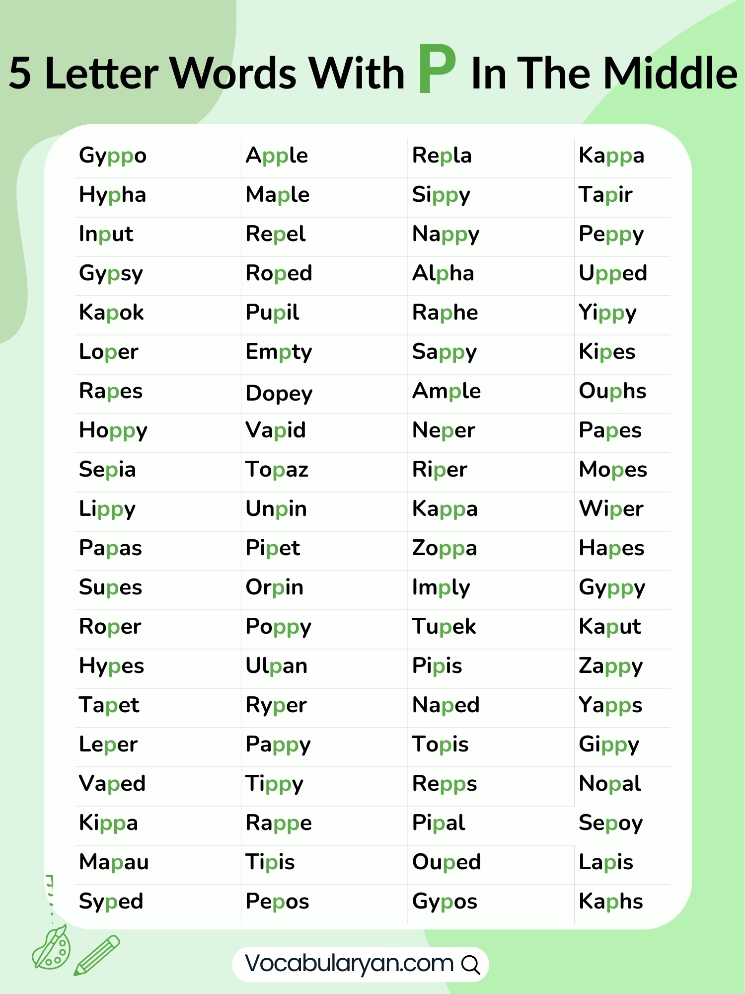 5 letter words with P in the middle presented as a readable words list