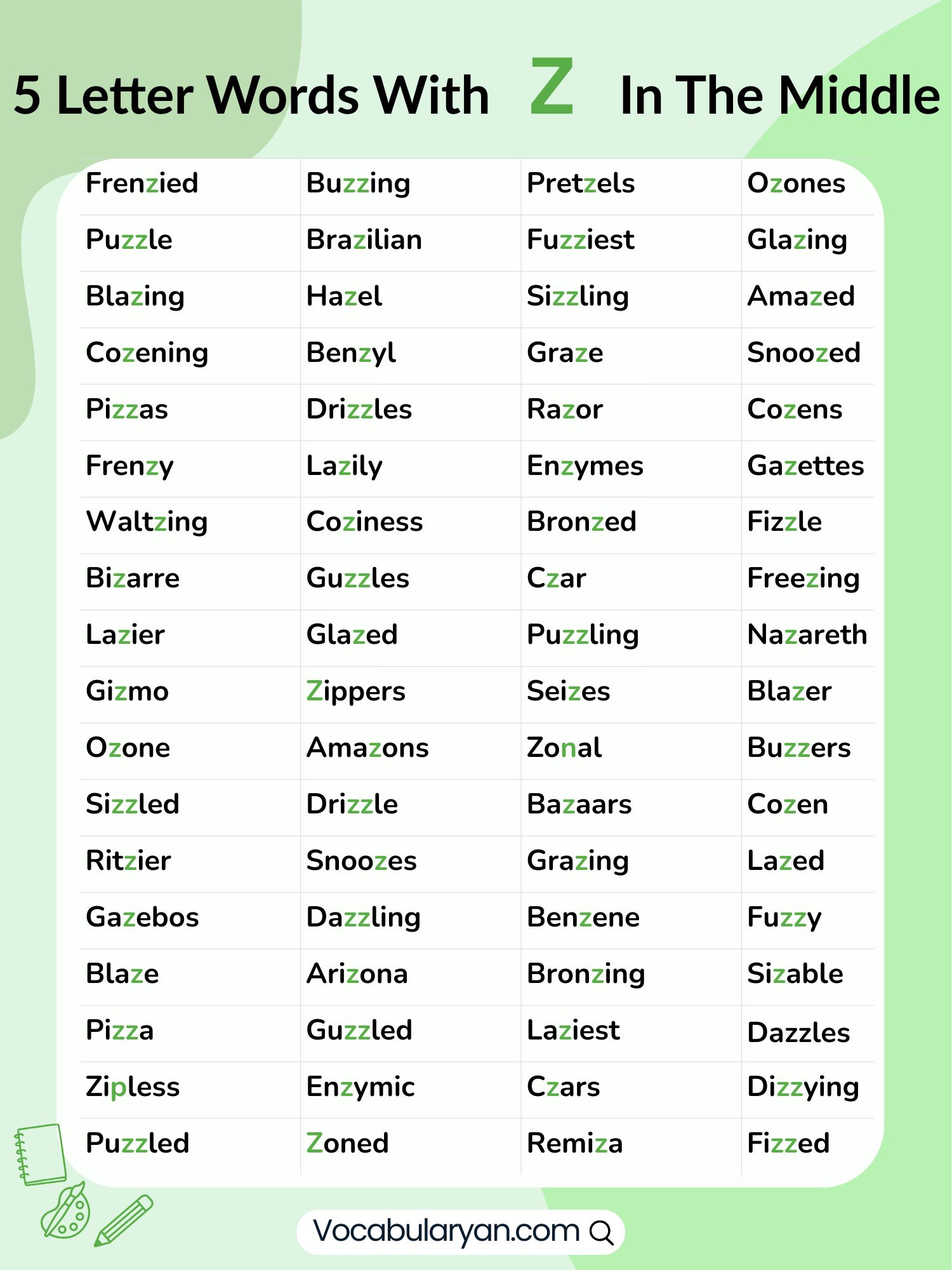 5 letter words with Z in the middle presented as a readable words list including pizza, ozone, and fuzzy