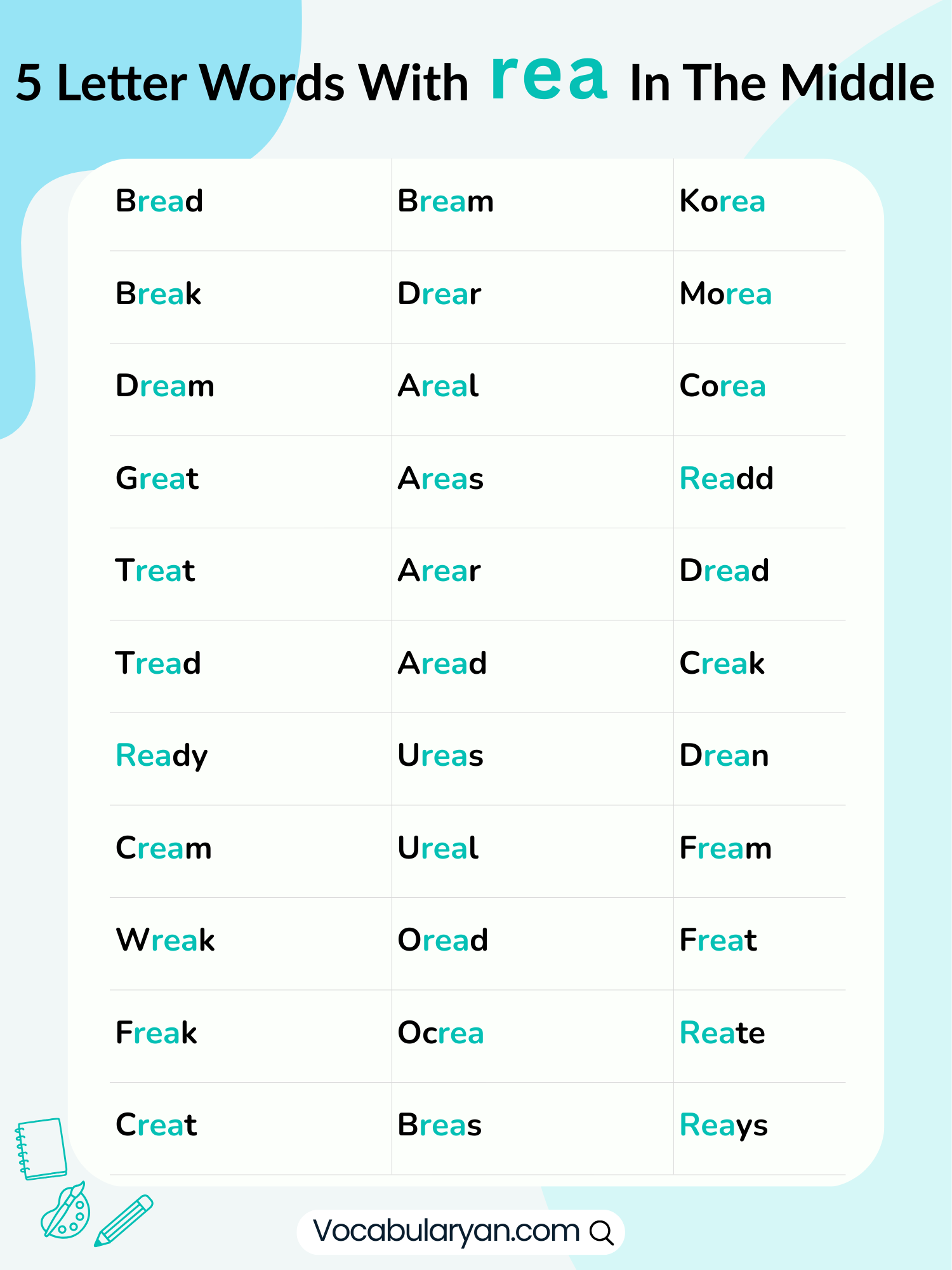 5 letter words with rea in the middle as a list of English words including bread, dream, and great.