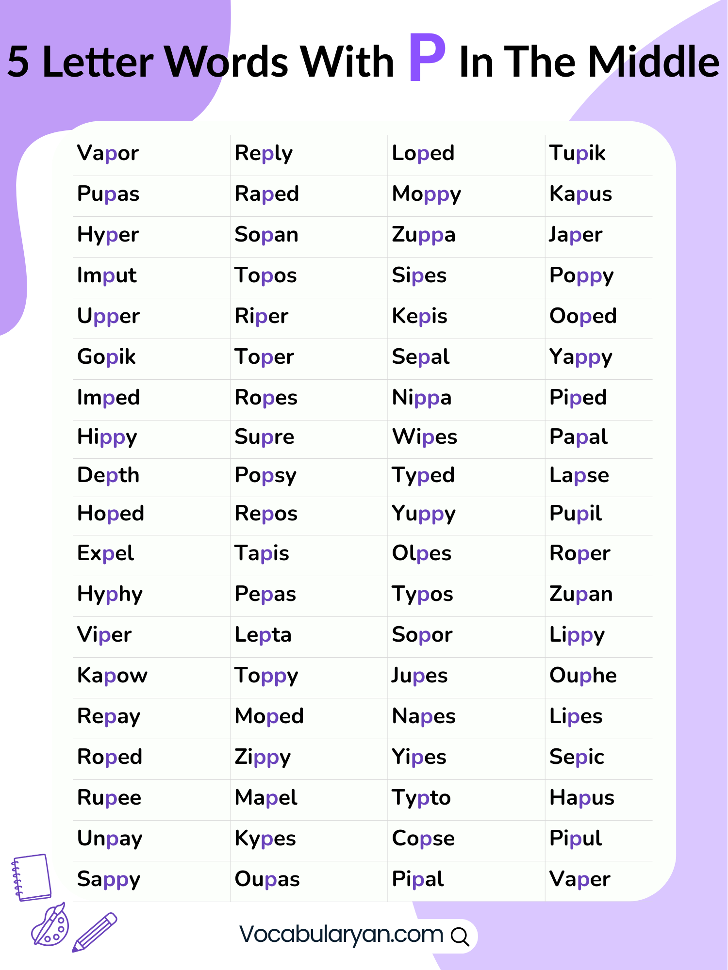 5 letter words with P in the center list including maple, paper, and super