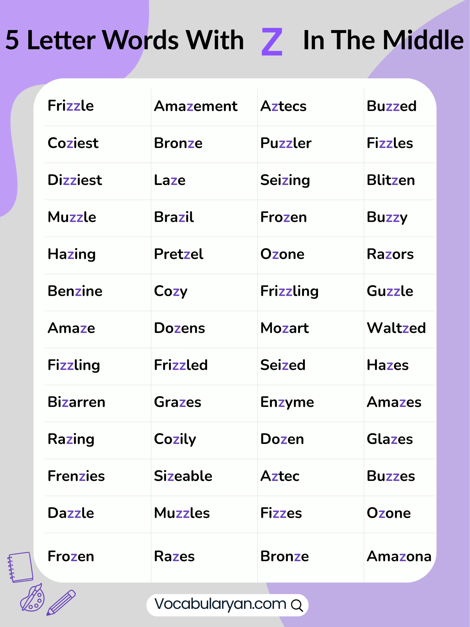 5 letter words with Z in the center including ozone, pizza, and fuzzy