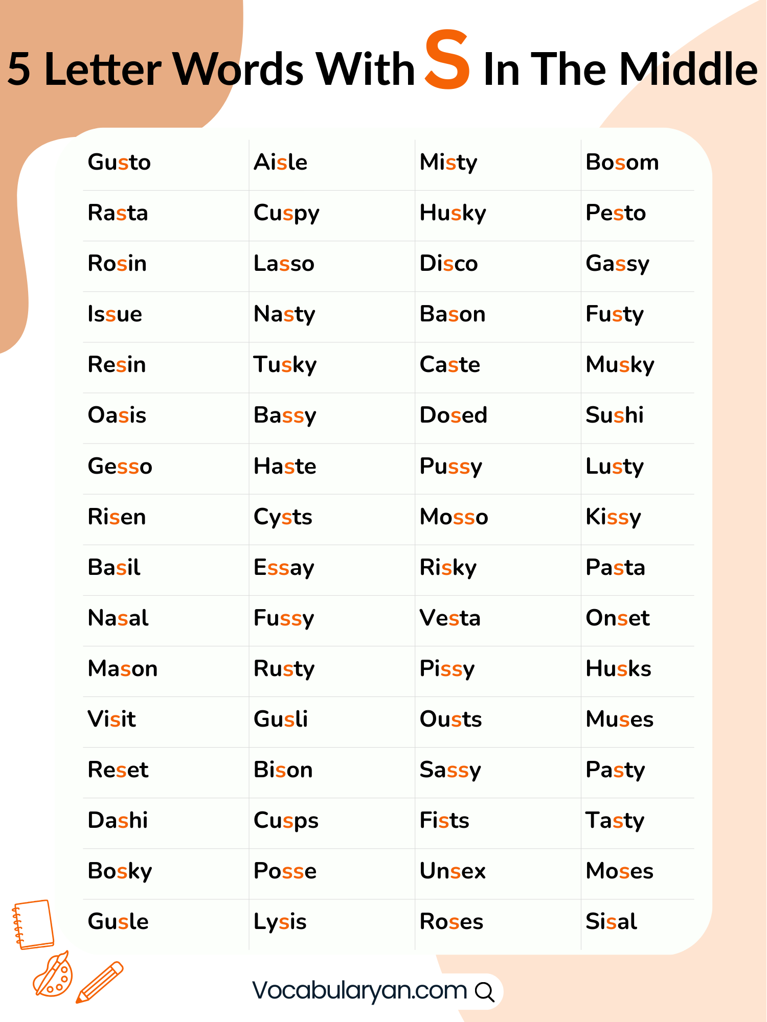 5 letter words with S in the middle arranged as a readable words list including music, wiser, and basic