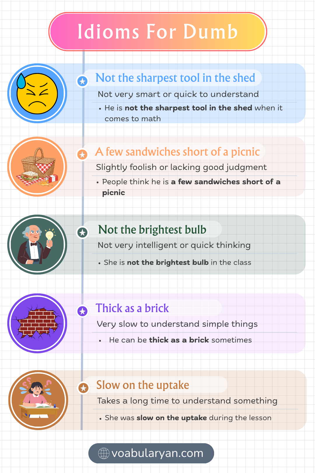 Idioms for dumb used in spoken English during everyday conversation about poor judgment