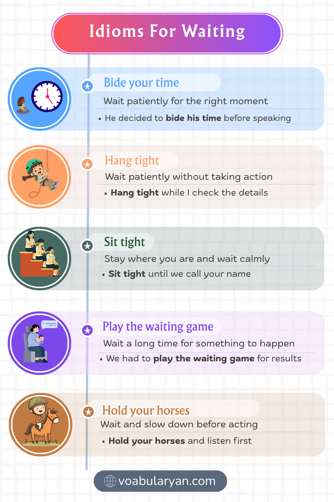 Idioms for waiting expressing delay in everyday conversation