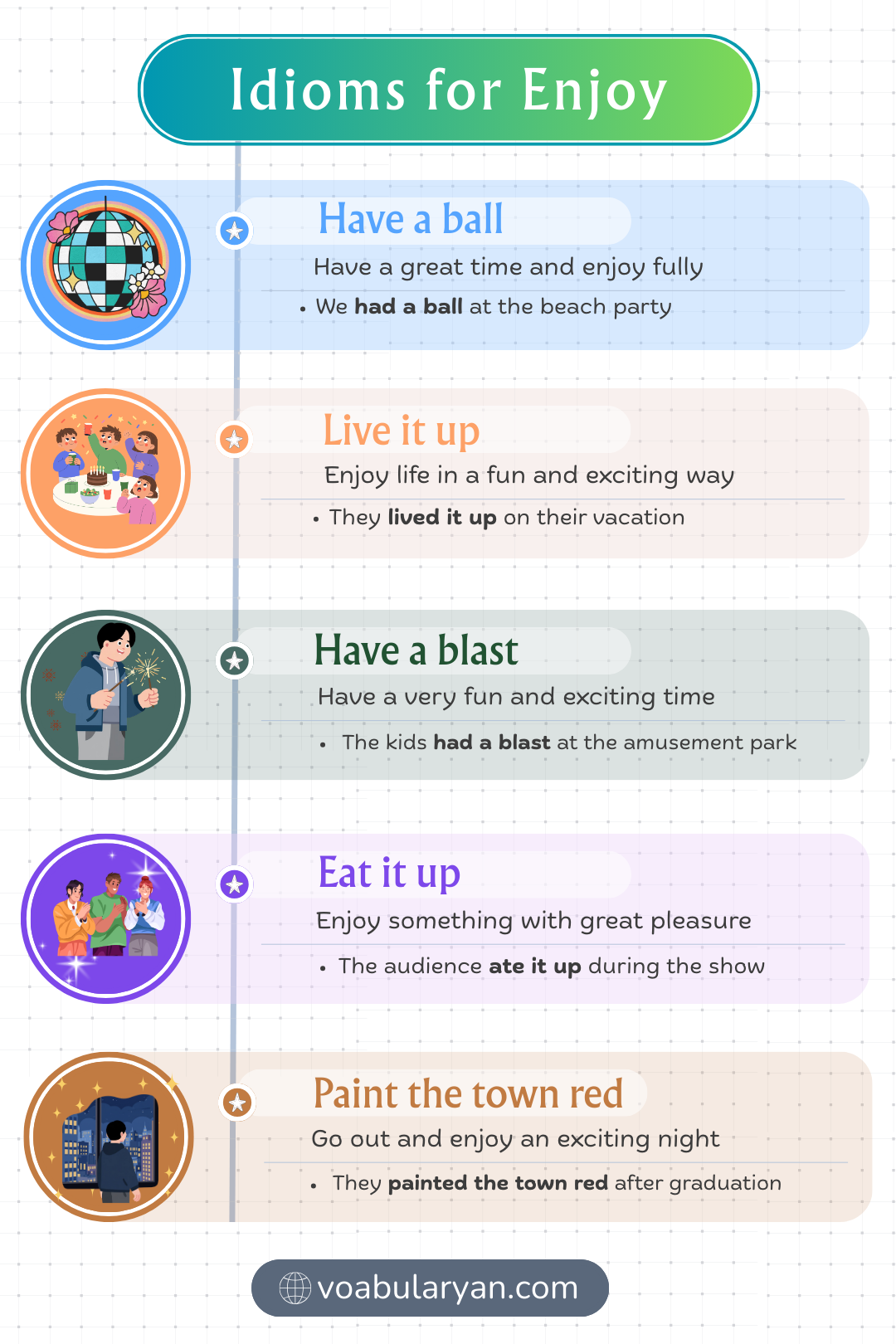 Idioms for enjoy express enjoyment and fun in everyday conversation through common idiomatic expression used in spoken English