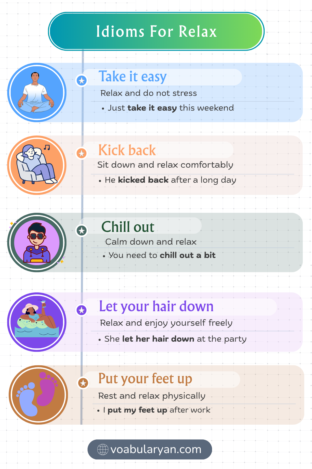 Idioms for relax used in spoken English about resting