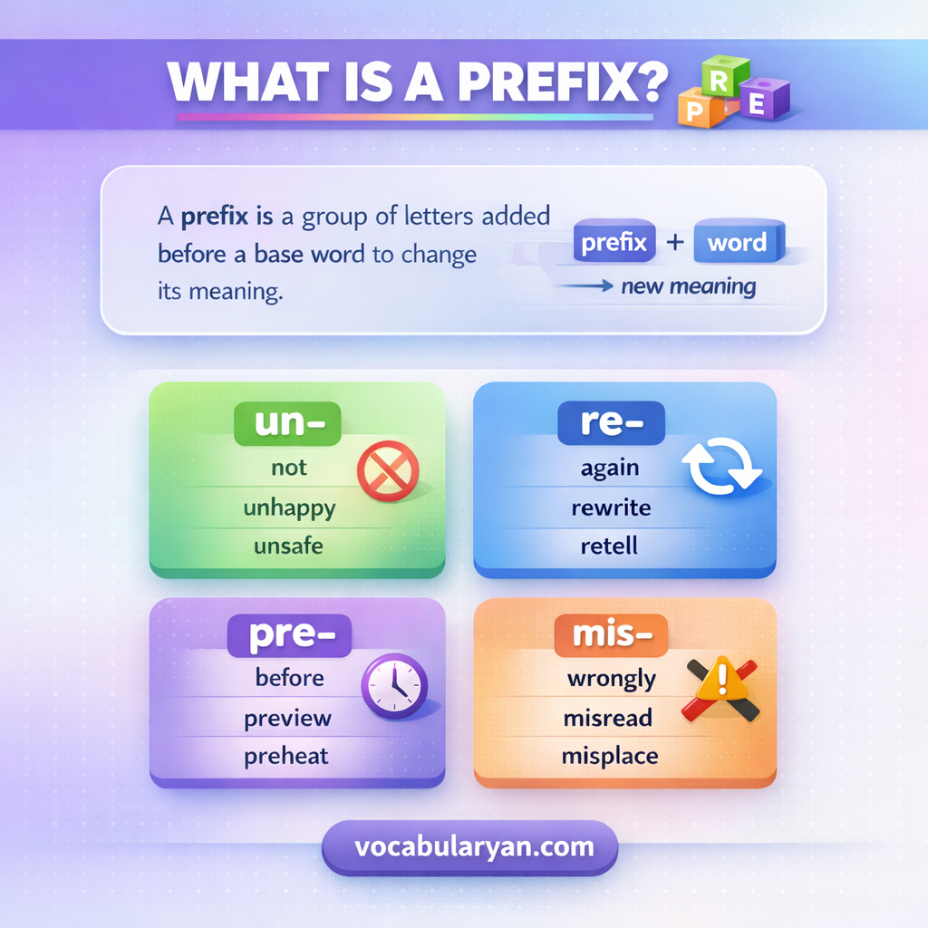 What is a prefix in English grammar with examples of common prefixes