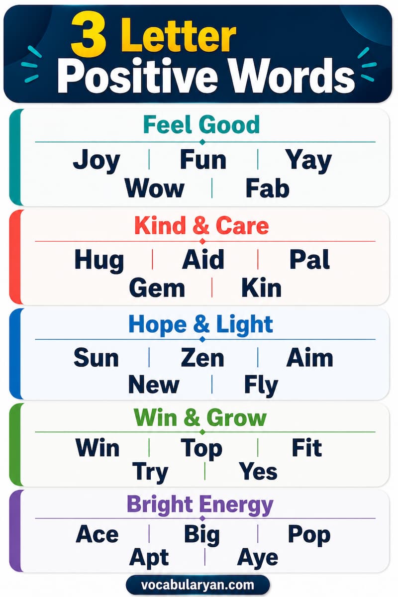 3 letter positive words such as joy, fun, win, yes, wow, and hug