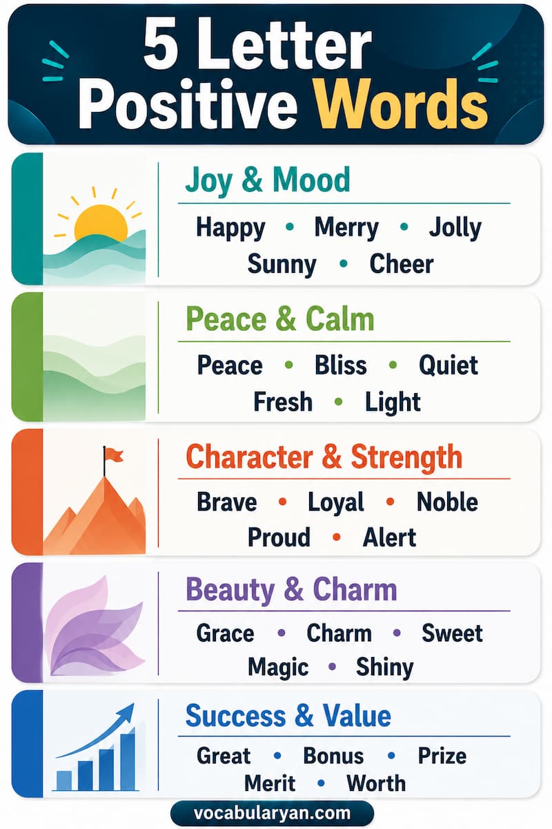 5 letter positive words such as brave, happy, proud, sweet, loyal, and lucky