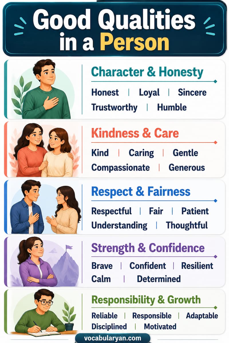 Good qualities in a person such as honest, kind, respectful, responsible, and patient