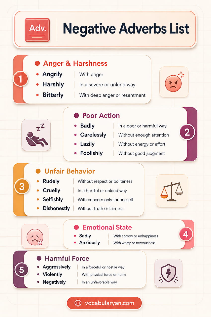 Negative Adverbs List with not, never, rarely, hardly, scarcely, seldom, and nowhere