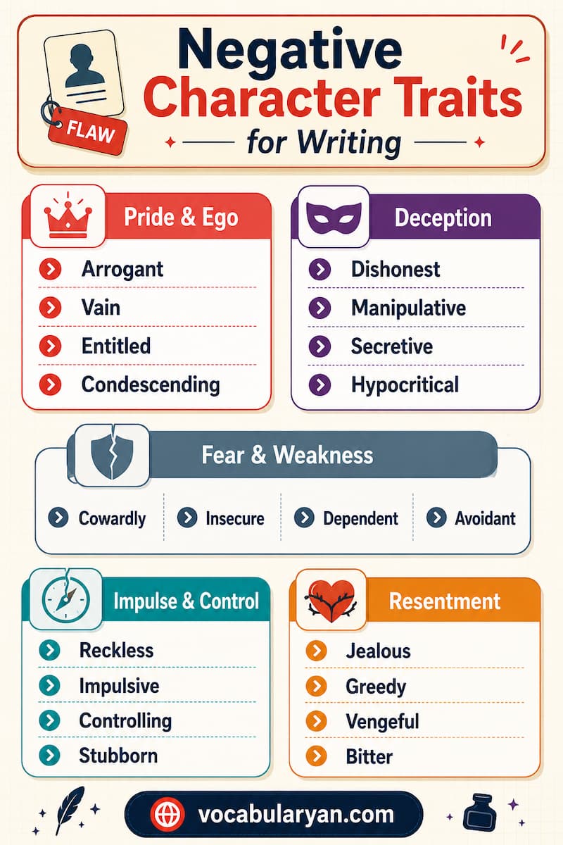 Negative Character Traits for Writing such as arrogant, jealous, selfish, and impulsive