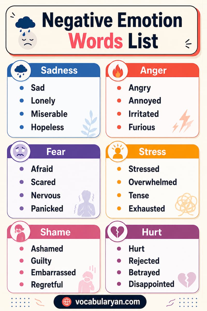 Negative Emotion Words List with anger, sadness, fear, guilt, and resentment