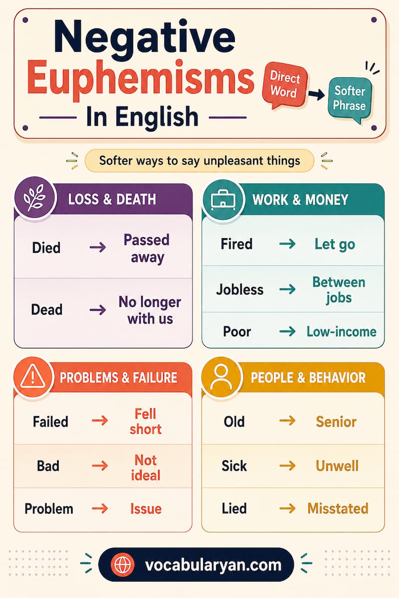 Negative Euphemisms in English for softened phrases like passed away and let go