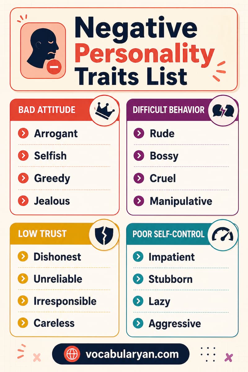 Arrogant, selfish, manipulative, impatient, and unreliable traits in character vocabulary