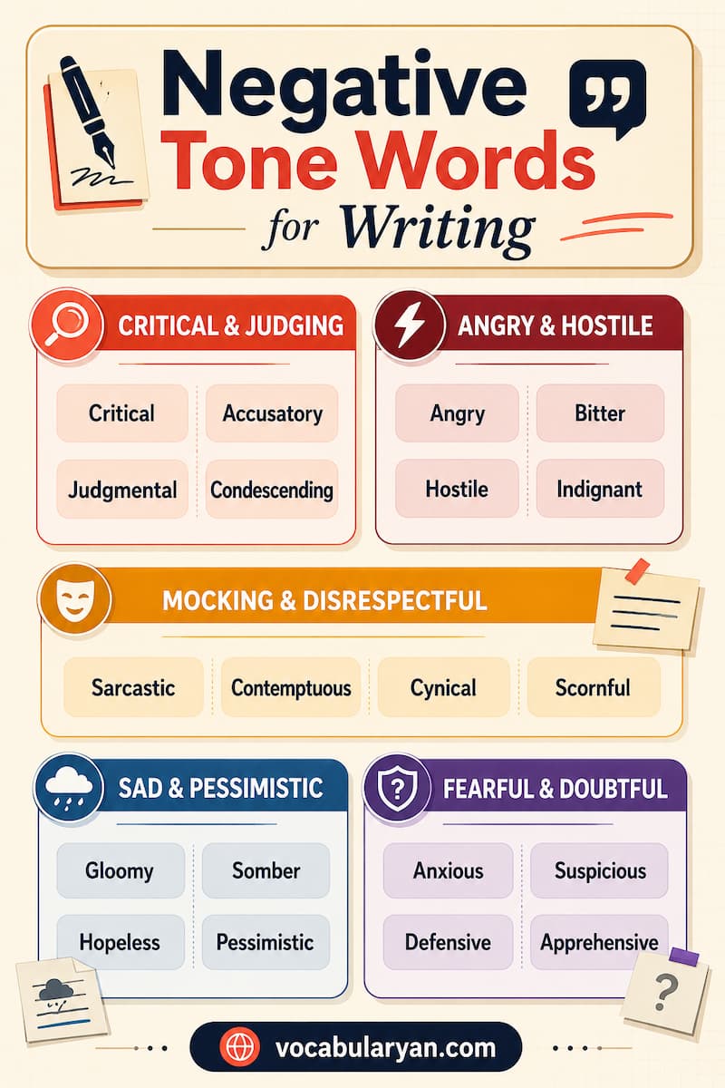 Negative Tone Words for Writing such as bitter, cynical, hostile, and gloomy