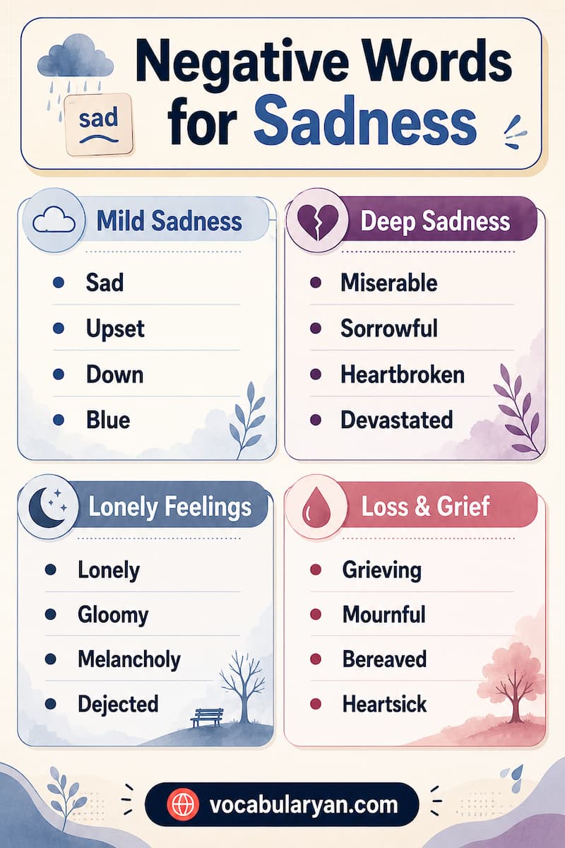 Gloomy, sorrowful, miserable, heartbroken, and despondent sad emotion words