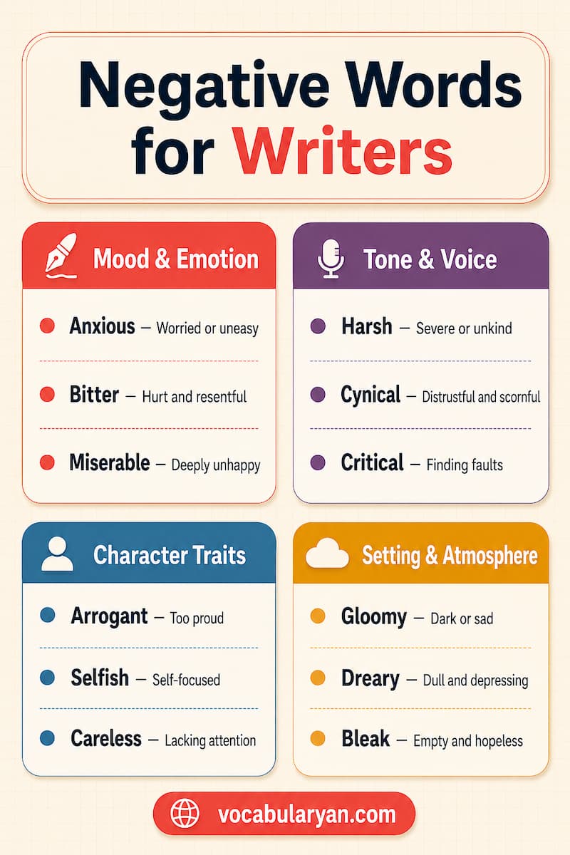 Writer vocabulary with bitter, hostile, bleak, cruel, resentful, and toxic words