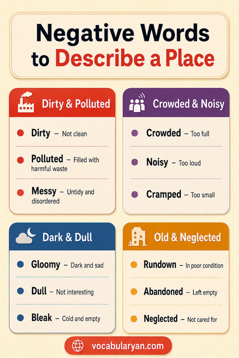 Negative Words to Describe a Place such as dirty, crowded, noisy, and gloomy