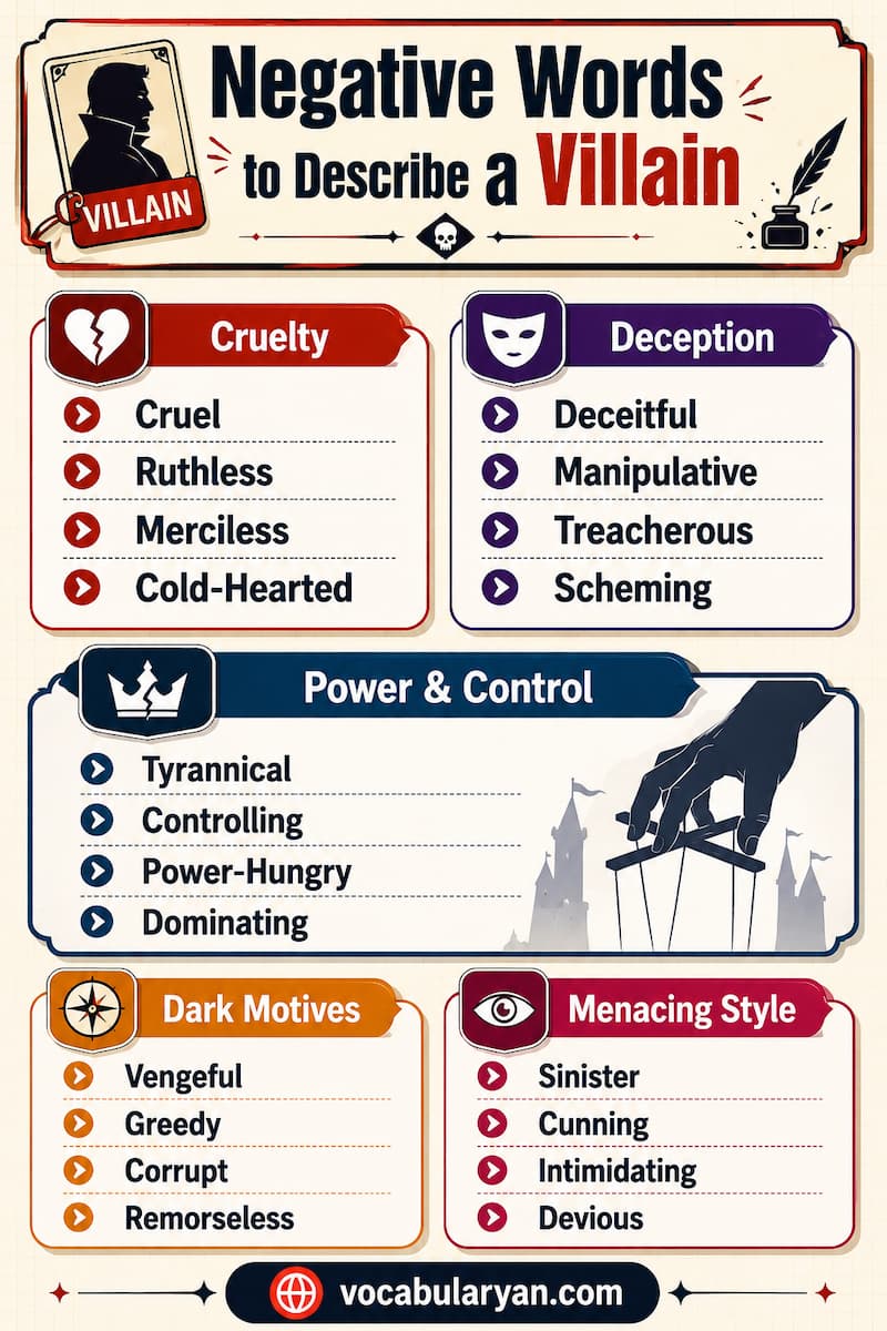 Negative Words to Describe a Villain such as ruthless, cruel, cunning, and manipulative