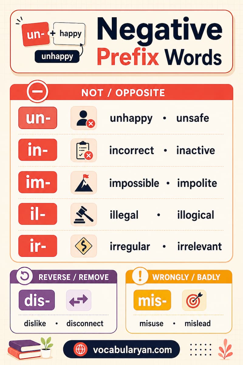 Negative prefix words such as unhappy, incorrect, impossible, and dishonest in English
